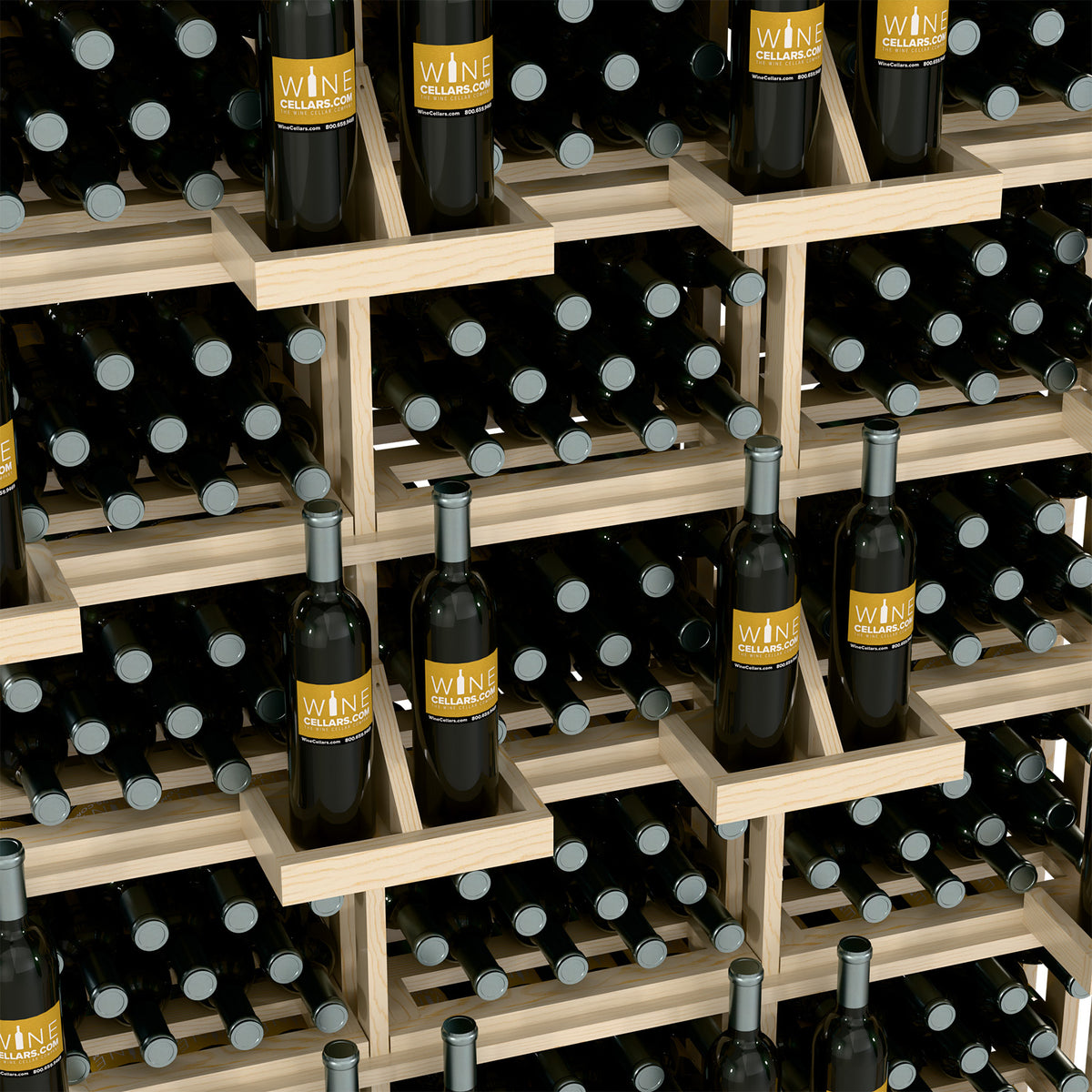 Wine bottle wall display with open cubby shelves holding bottles