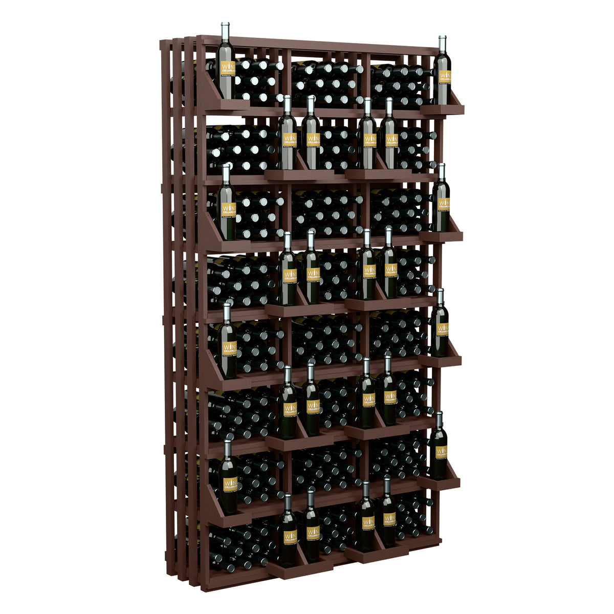 Wine bottle wall display rack with warm wood frame and tiered bottle and bulk bin storage