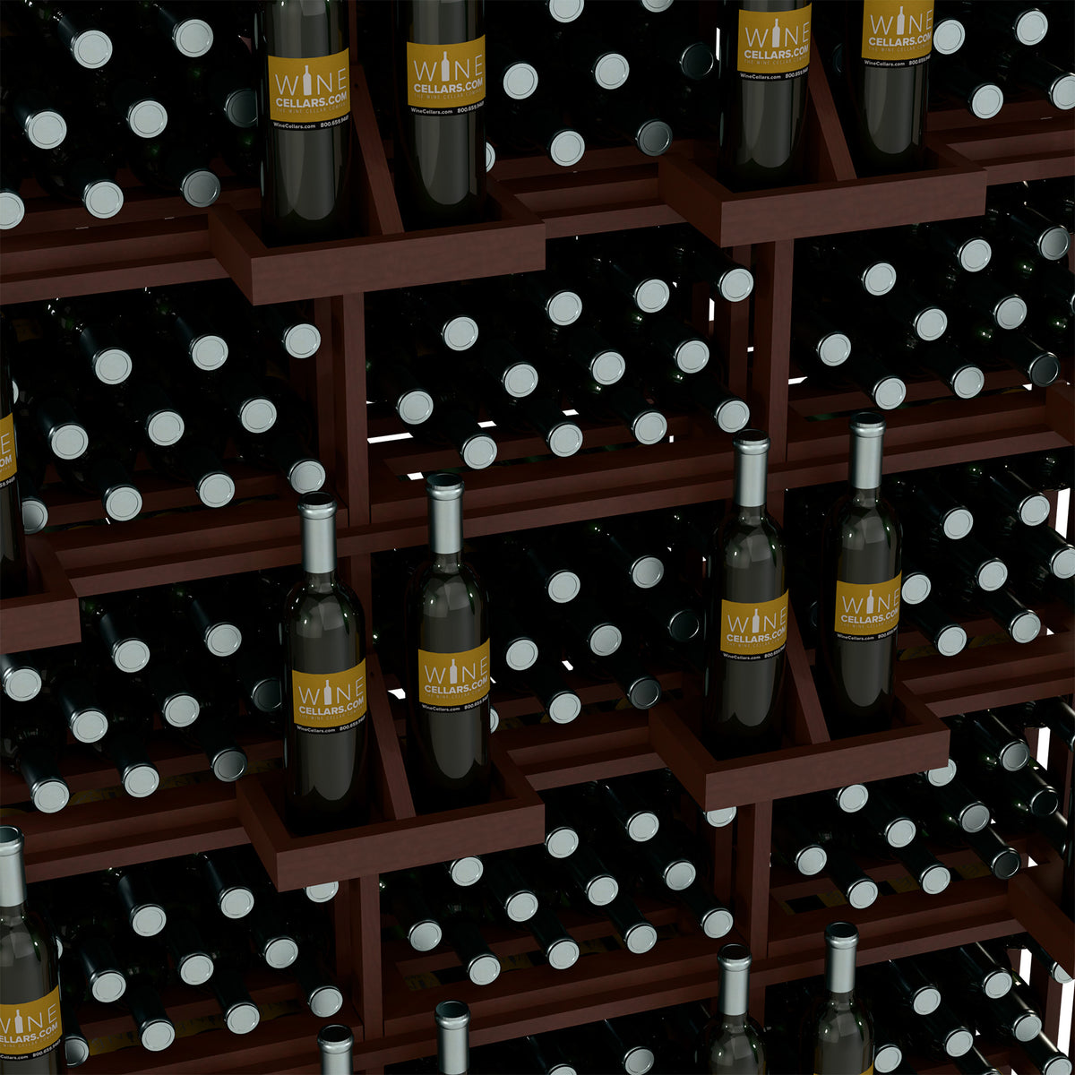 Dark wood wine bottle display rack with stacked shelves and bottle rows close-up