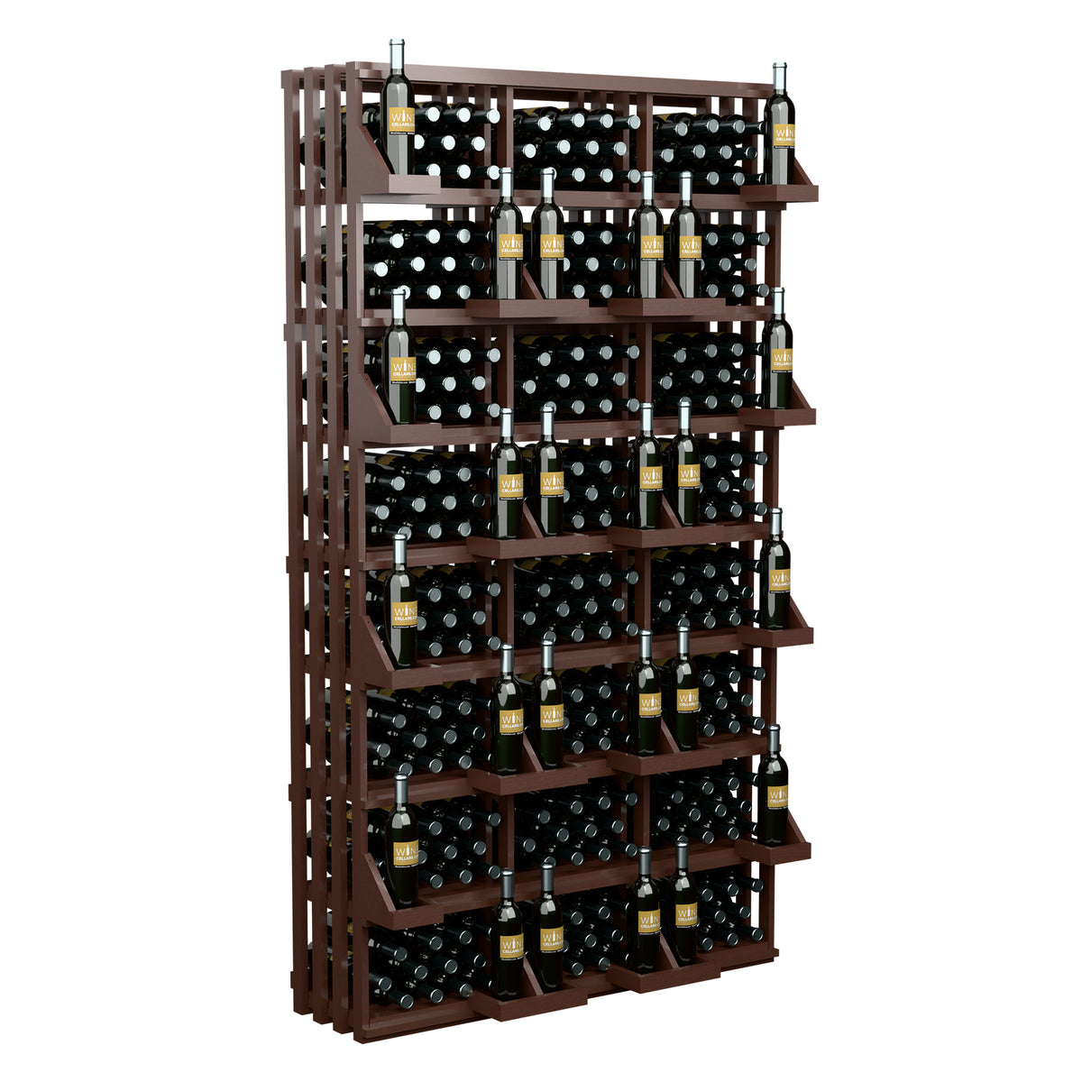 Wine bottle wall display with dark wood shelves and bottle rows