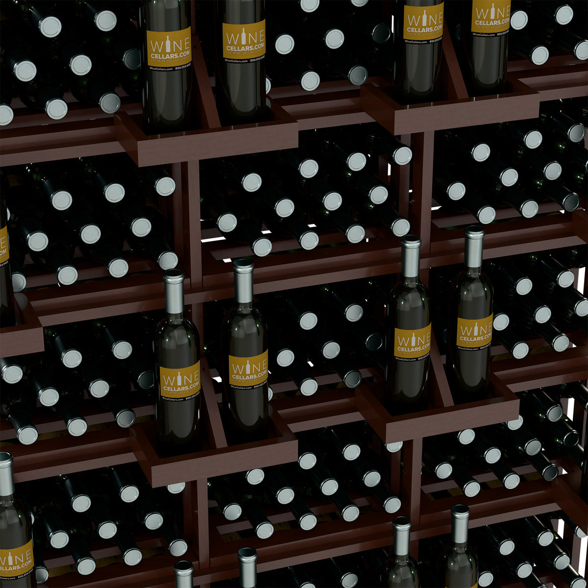 Wine bottle wall display rack with dark wood shelves and standing bottles