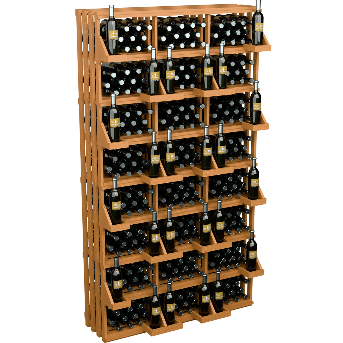 Wood wine bottle wall display rack with tall side panels and multiple rows of black bottles