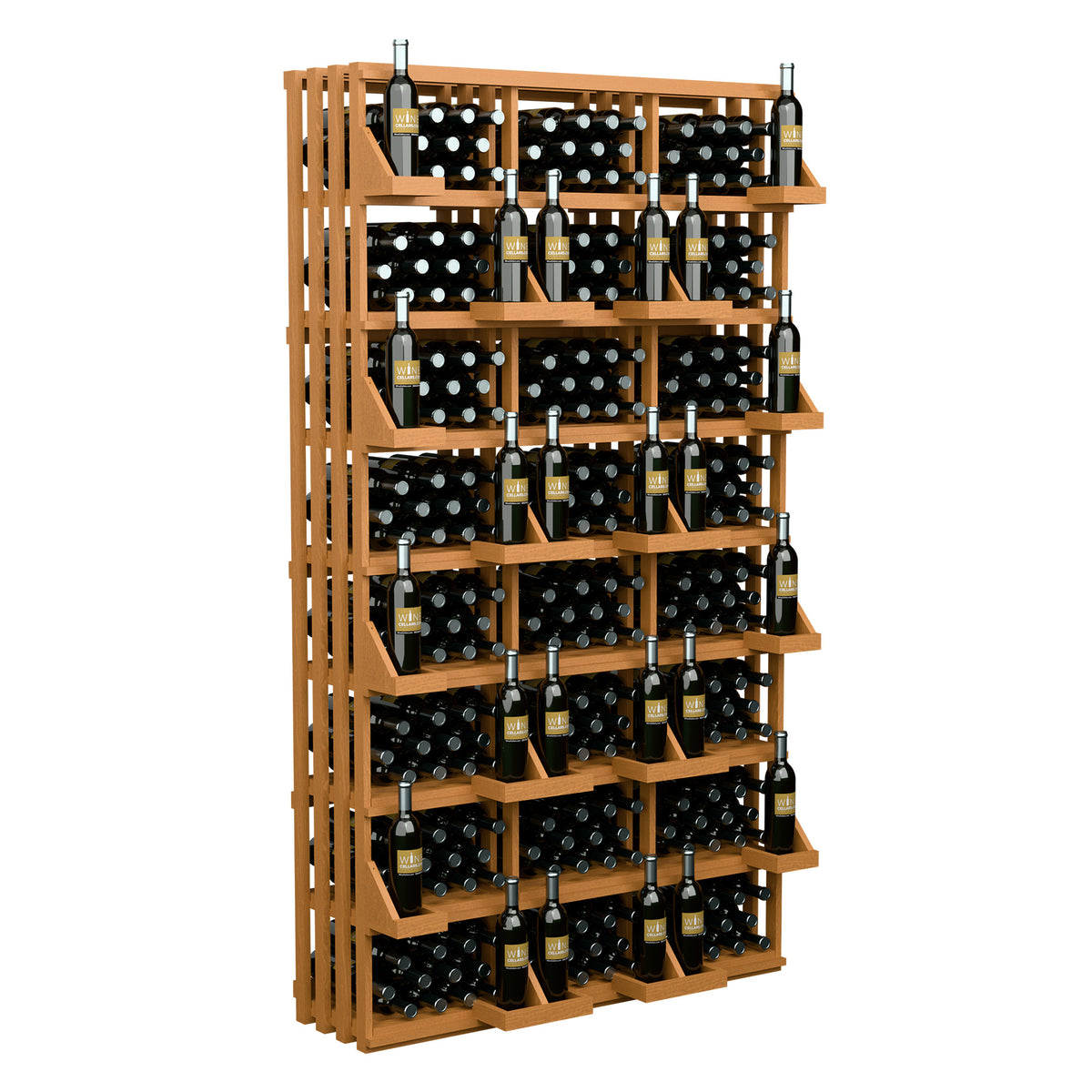 312-bottle commercial wall wine display with light wood frame and full bottle rack rows