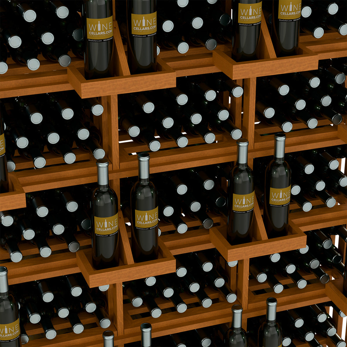 Medium wood wall wine bottle display with stacked shelves and angled bulk storage bins