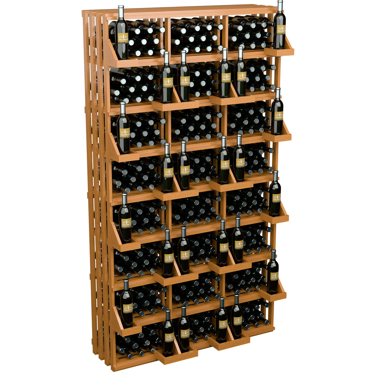 Wine bottle wall display rack with light wood shelves and bottle rows