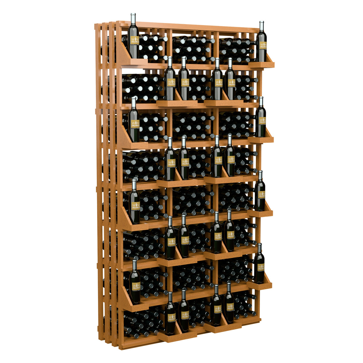 Wine bottle wall display rack with light wood frame and bottle rows