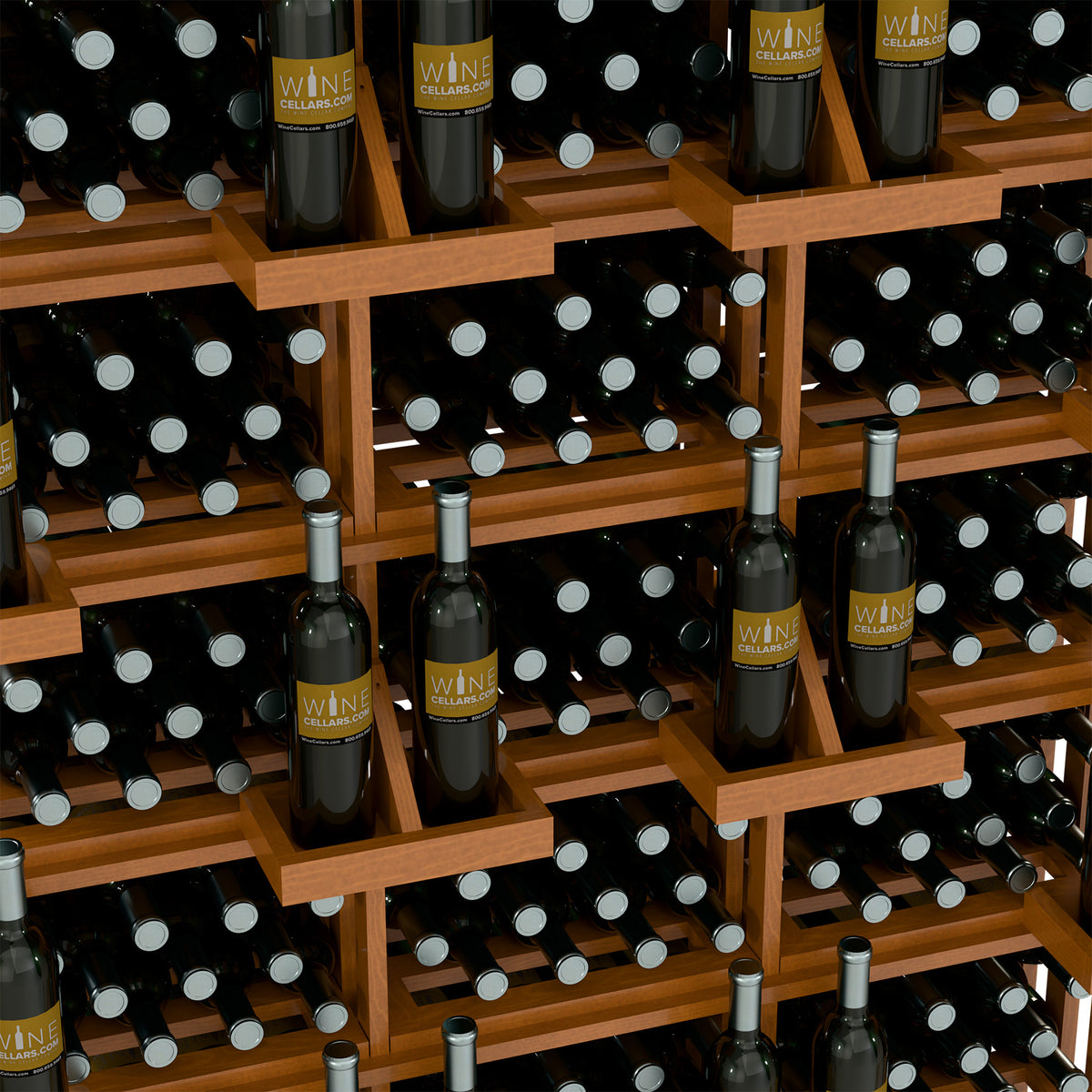 Wine bottle wall display rack with light wood shelves and filled bottle cubbies