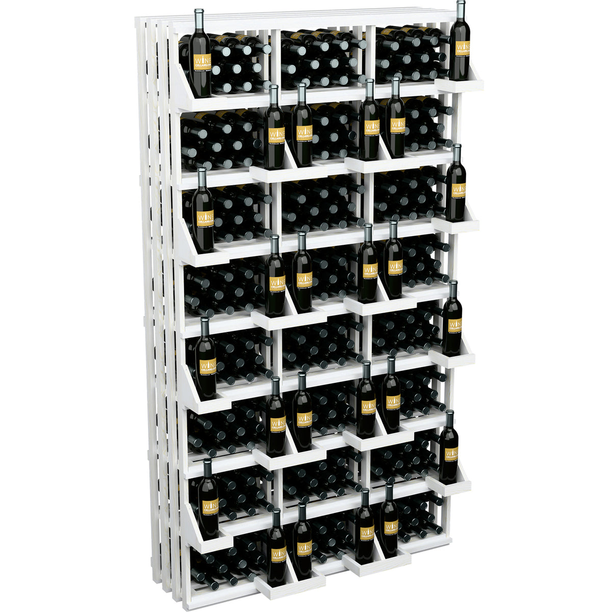 White wood wine bottle wall display with bulk bins, packed with capped bottles.
