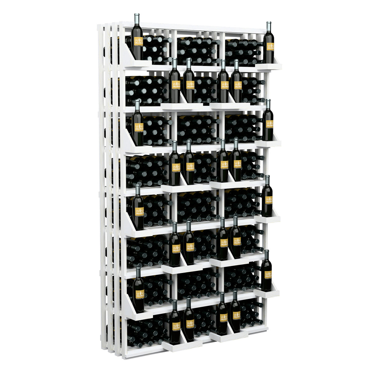 White wooden 312-bottle wine display rack with grid shelves holding bottles