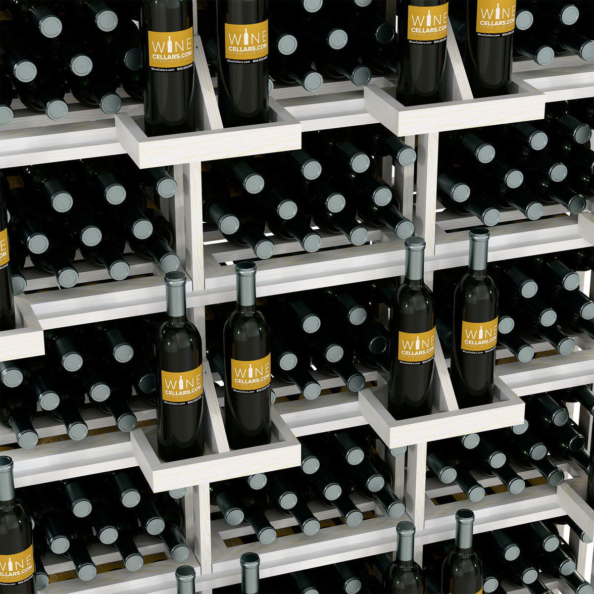 White-toned wood wine bottle wall rack with layered shelves and bulk bin bottle openings