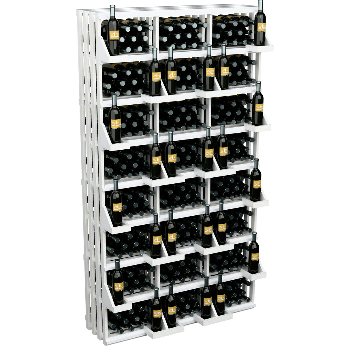Wine bottle wall display rack with white shelves and filled bottle cubbies