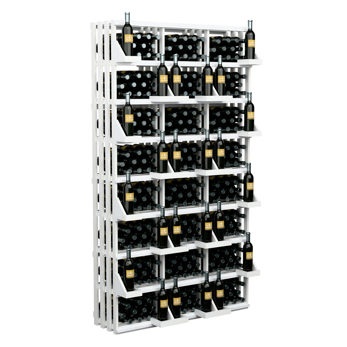 Wine bottle wall display rack with white frame and bottle rows
