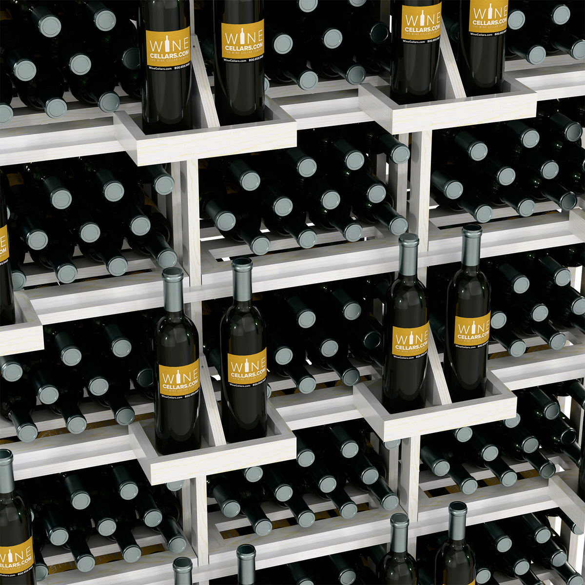 Wine bottle wall display with white shelves and bottles in cubby compartments