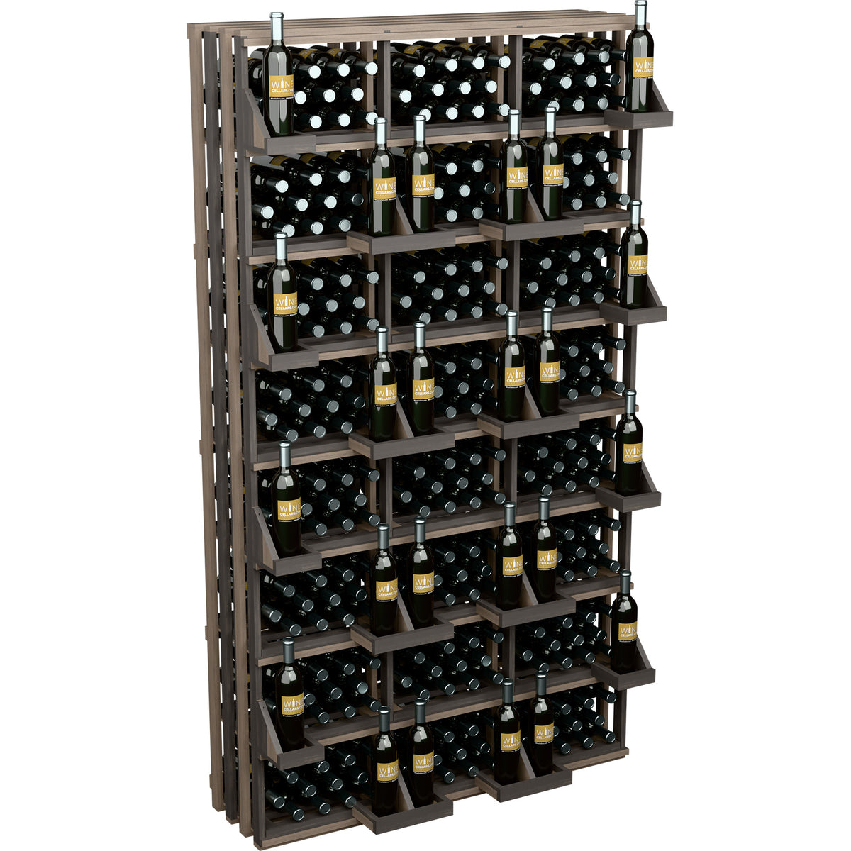 Wood wine bottle wall display rack with open cubbies and rows of black bottles