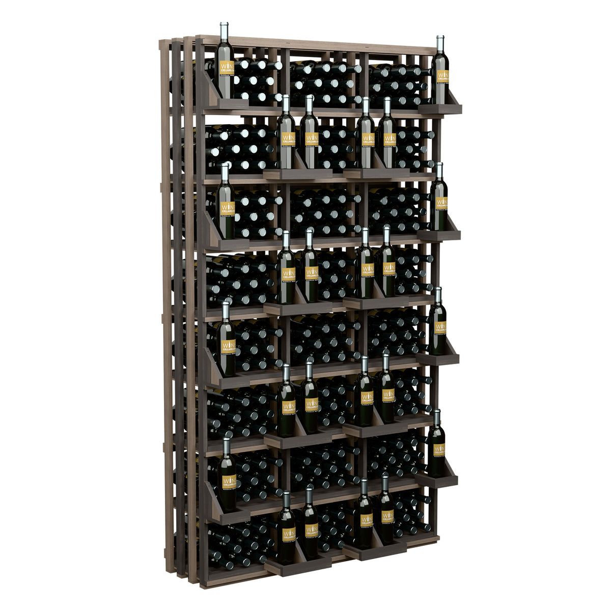 Wine bottle wall display rack with grid shelving and small bulk bottle holders along sides
