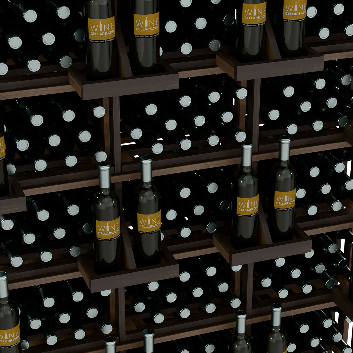 Commercial wall wine display rack interior view with bottle holders across grid shelves
