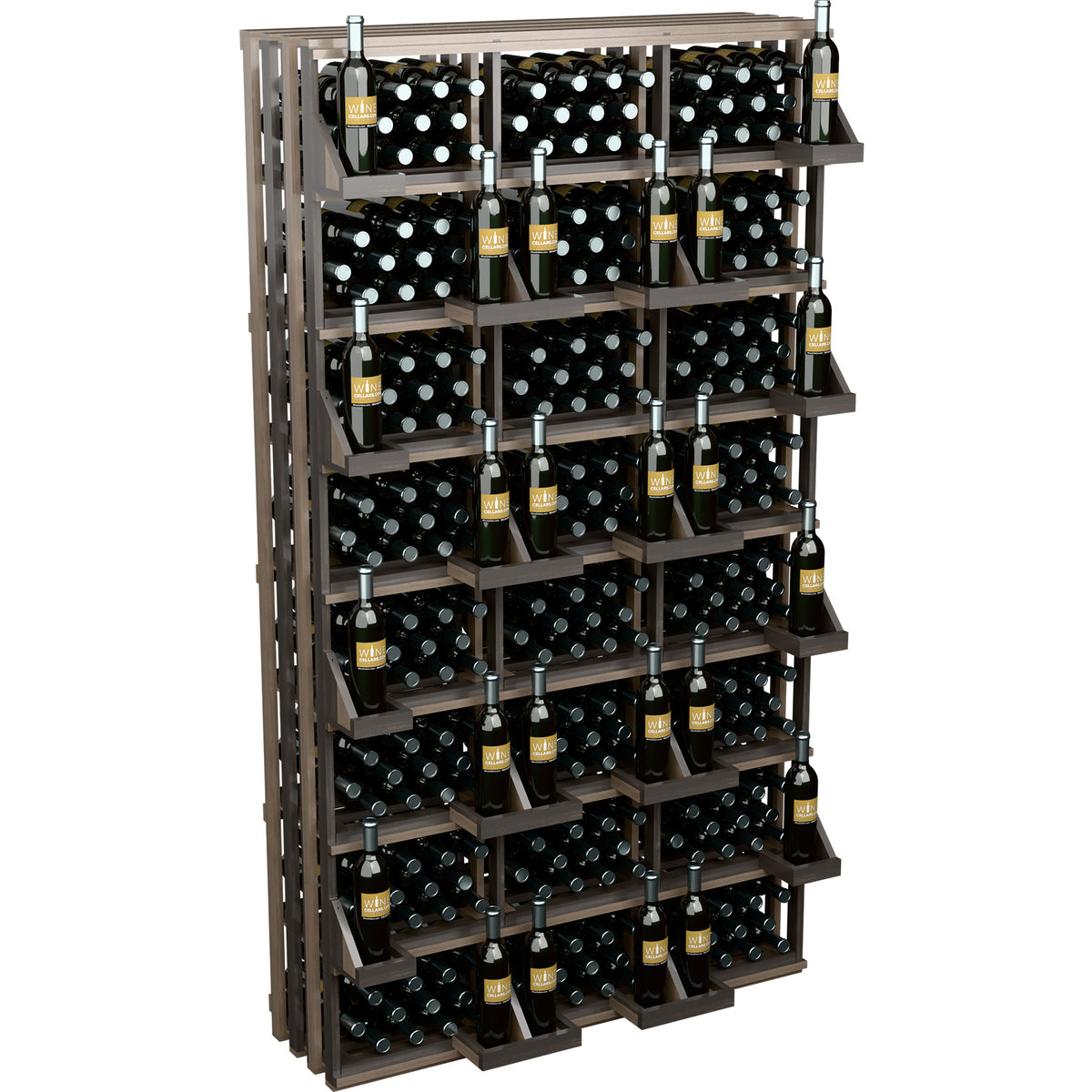 Wine bottle wall display with bulk bins, dark wood frame and filled bottle slots