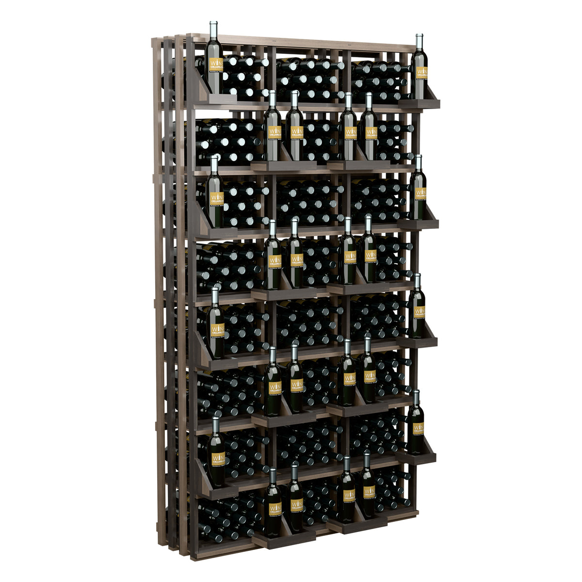 Wine bottle wall display with bulk bins, angled view of dark wood bottle racks