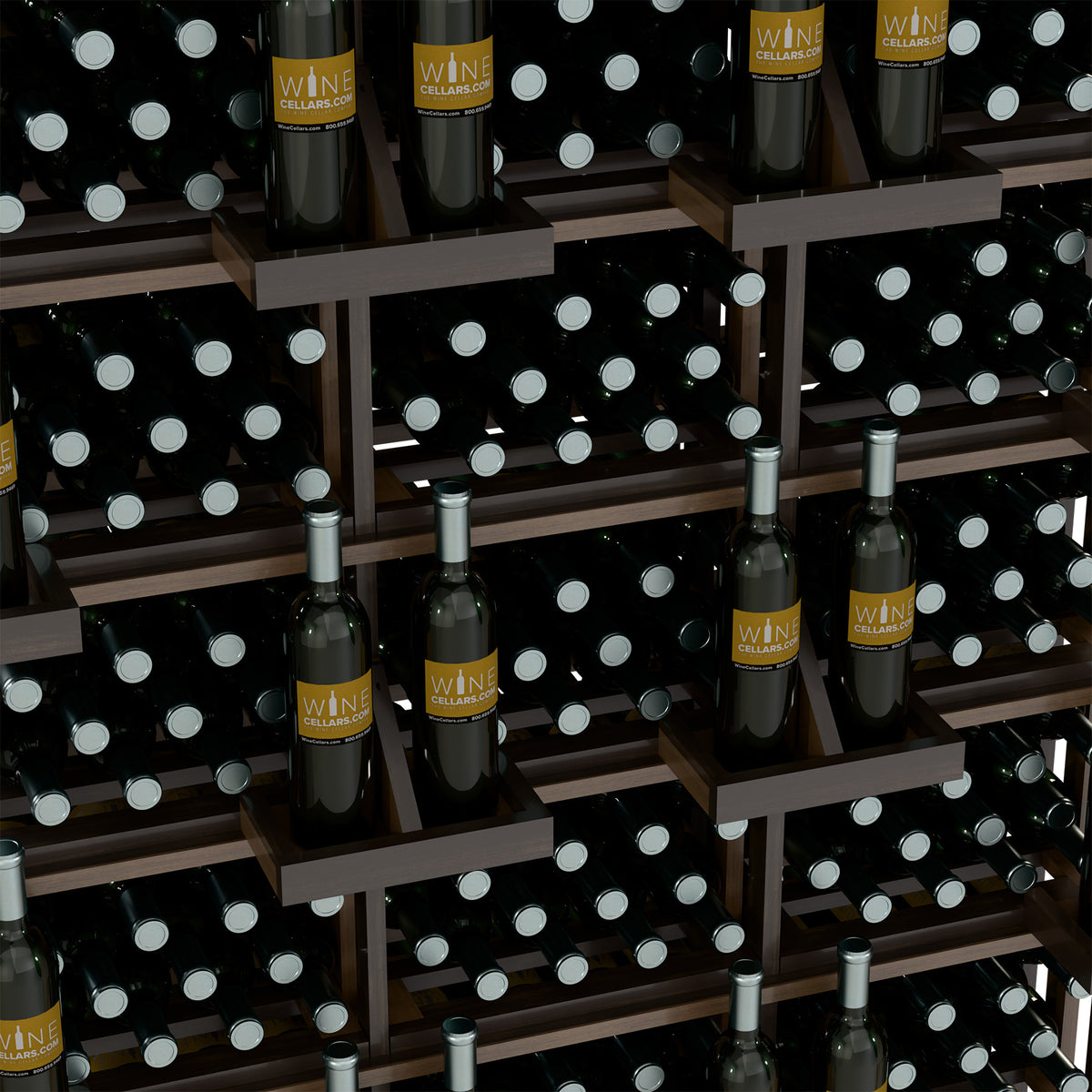 Wine bottle wall display with bulk bins, close-up of bottles in grid slots