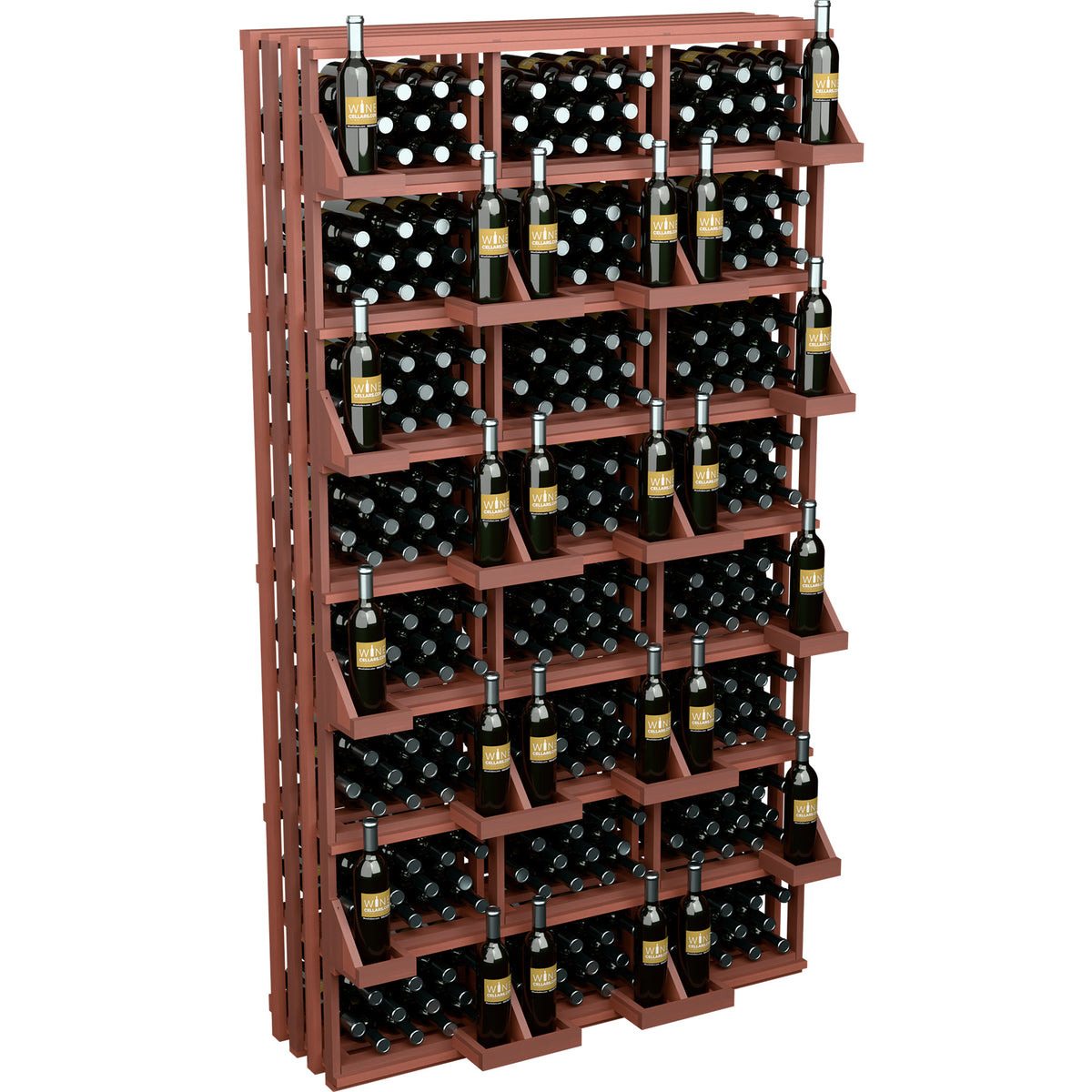 312-bottle commercial wall wine display in reddish wood with tall side frame and shelves
