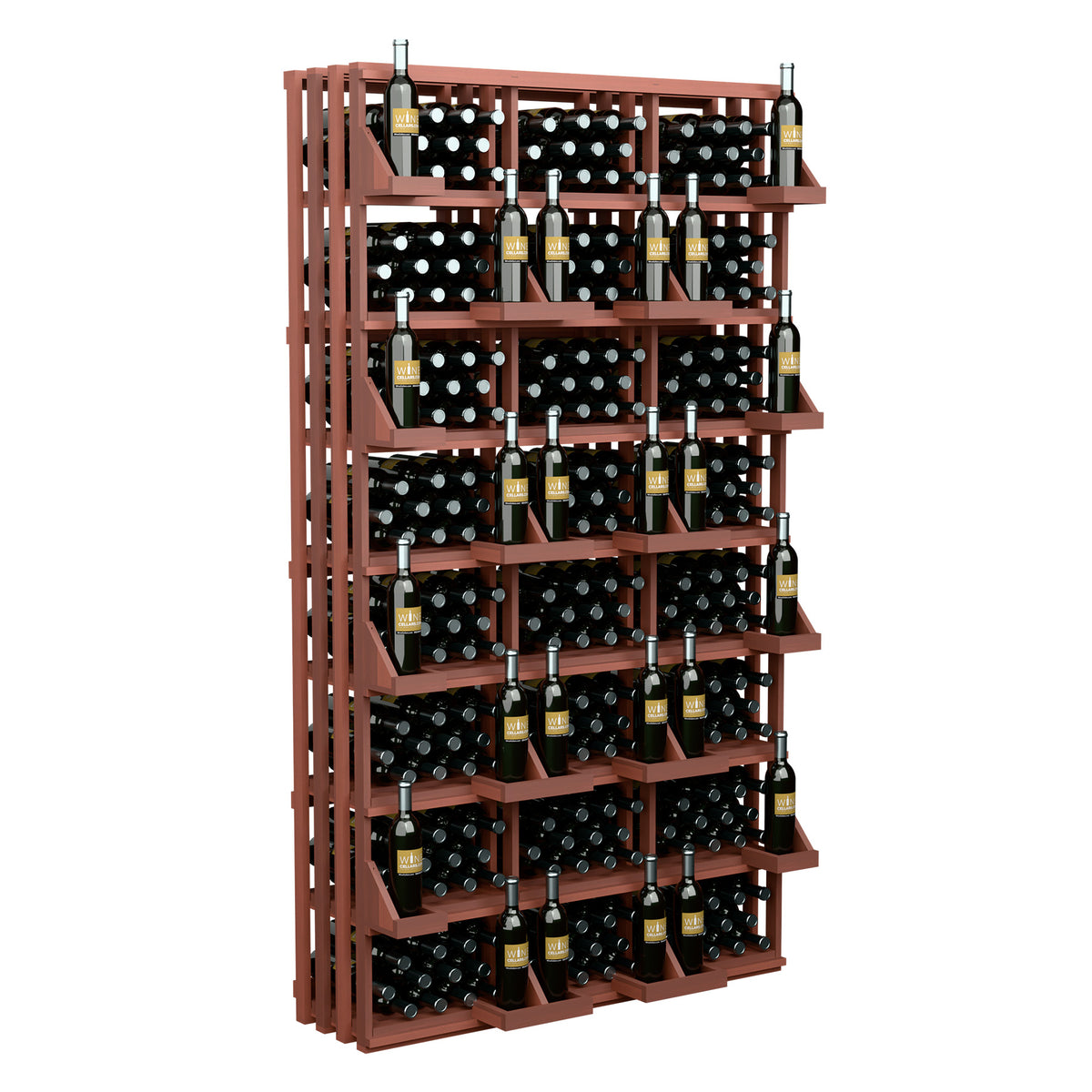 Red-brown wood wine bottle display rack with staggered rows and neck bottles