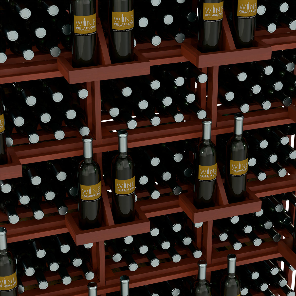 Wine display rack interior showing bottle slots across dark shelves and vertical rails