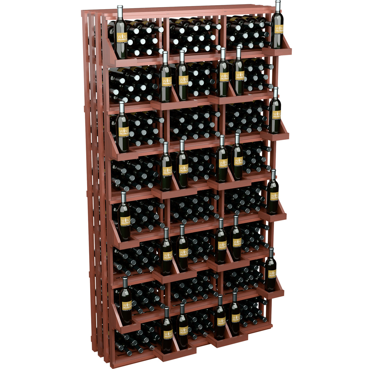Wine bottle wall display with bulk bins, reddish wood frame and filled bottle slots