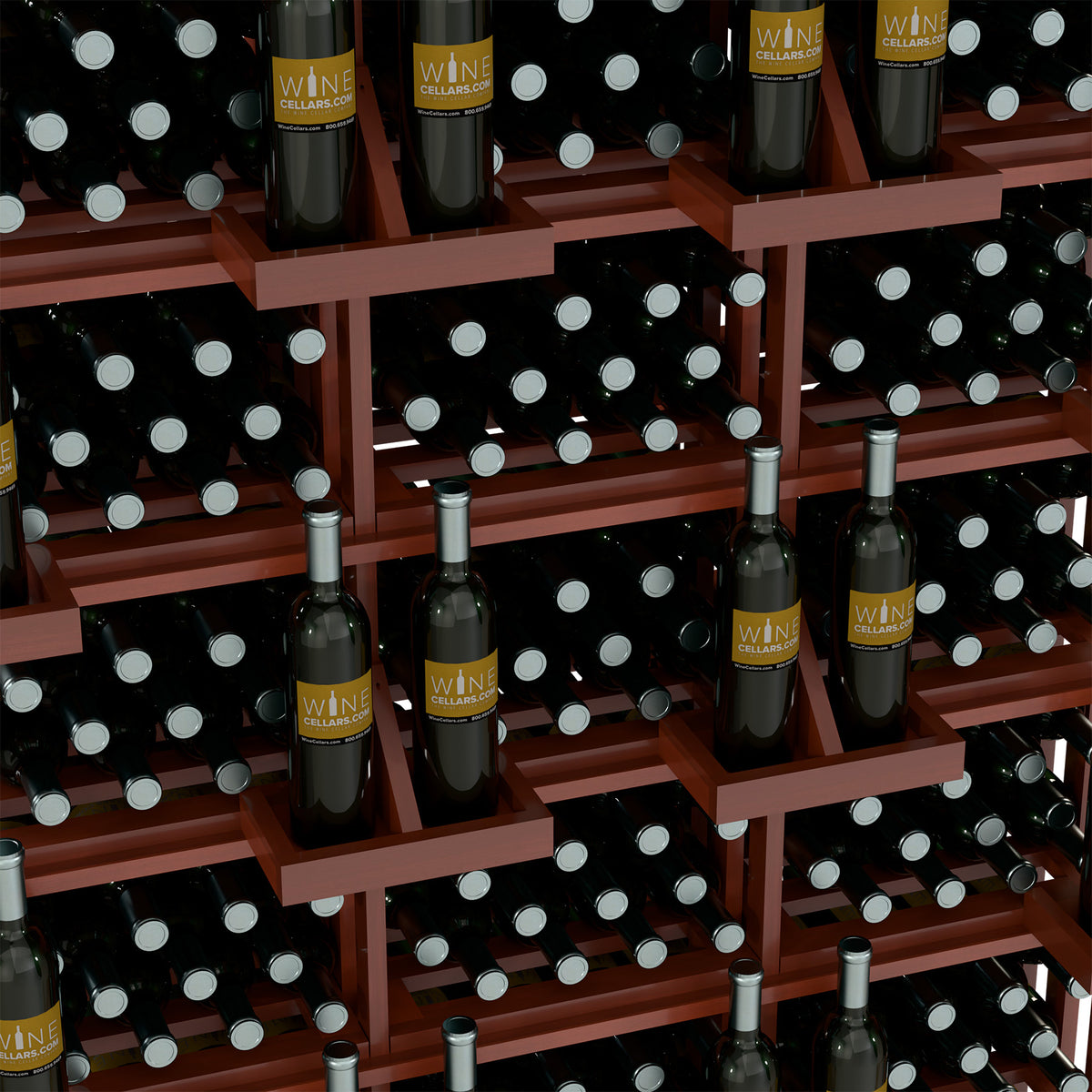 Wine bottle wall display with bulk bins, close-up of bottles in reddish shelves