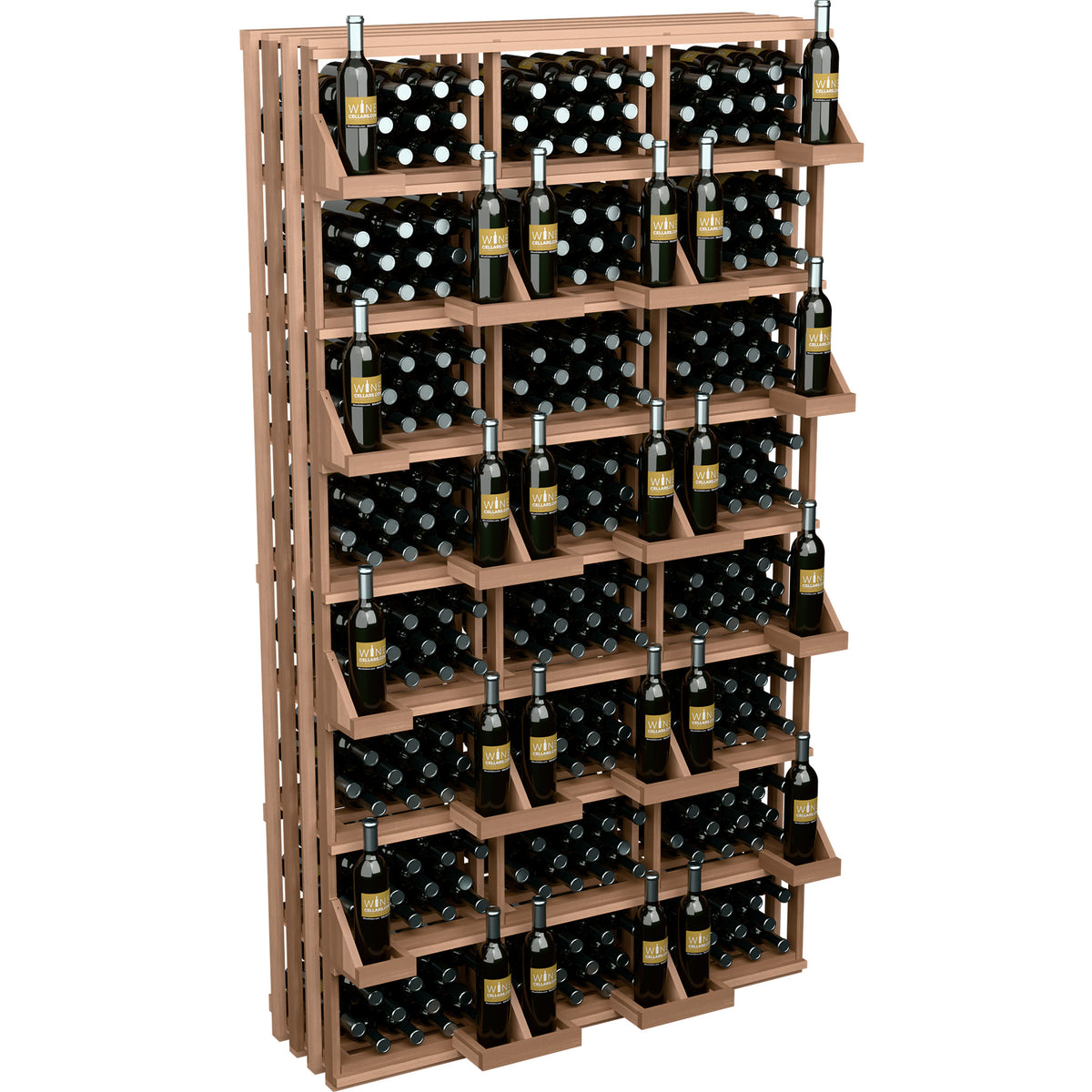 Wood wine bottle wall display unit with stacked shelves and multiple bottles