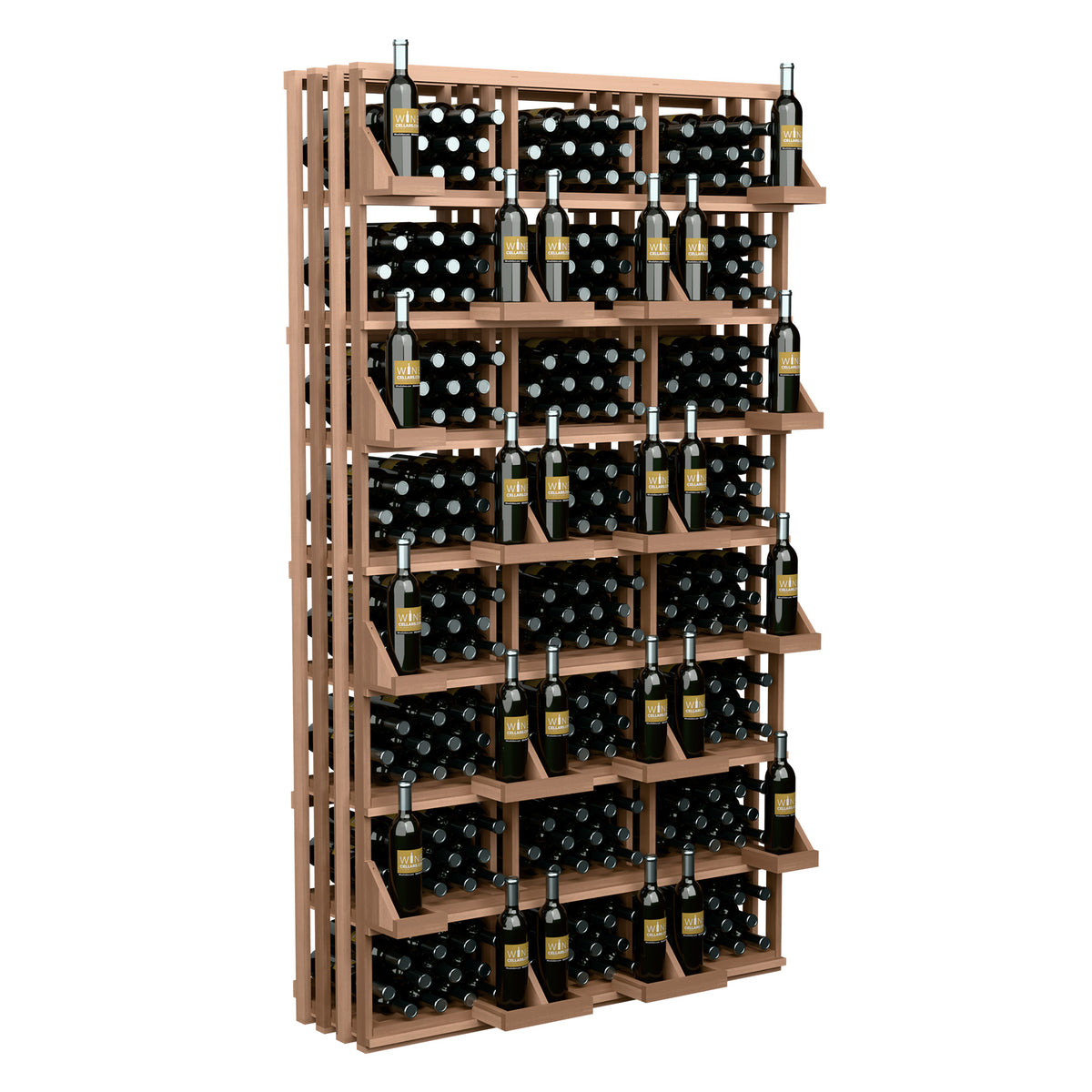 Warm tan wood wine bottle display rack with many rows of bottles