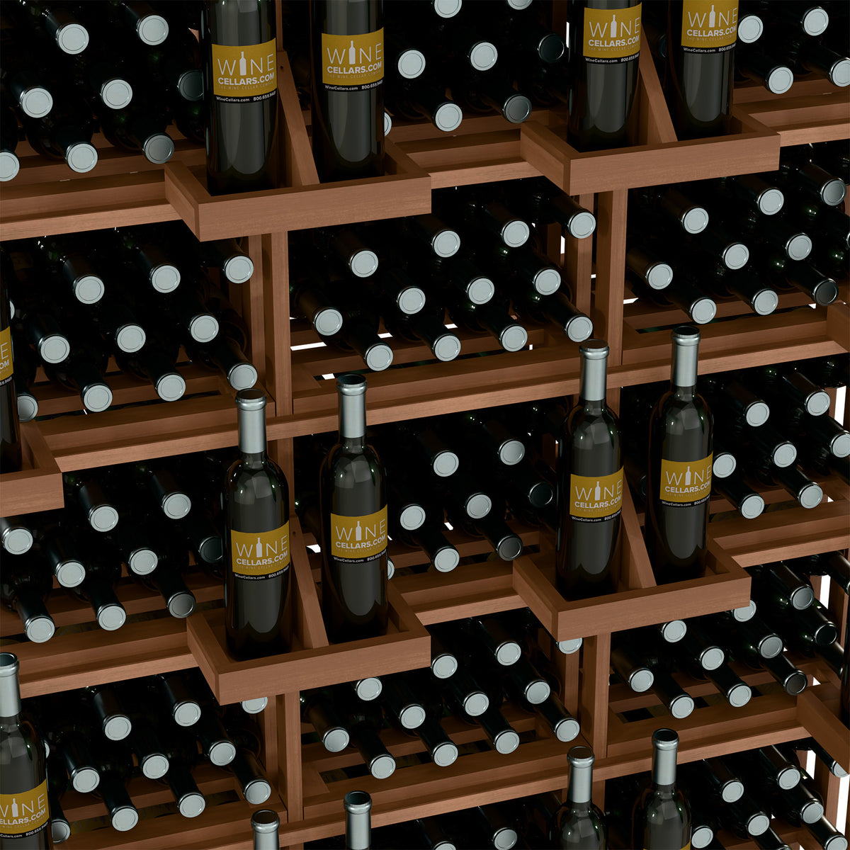 Close-up view of wood wine bottle shelves with black bottles and small gold labels