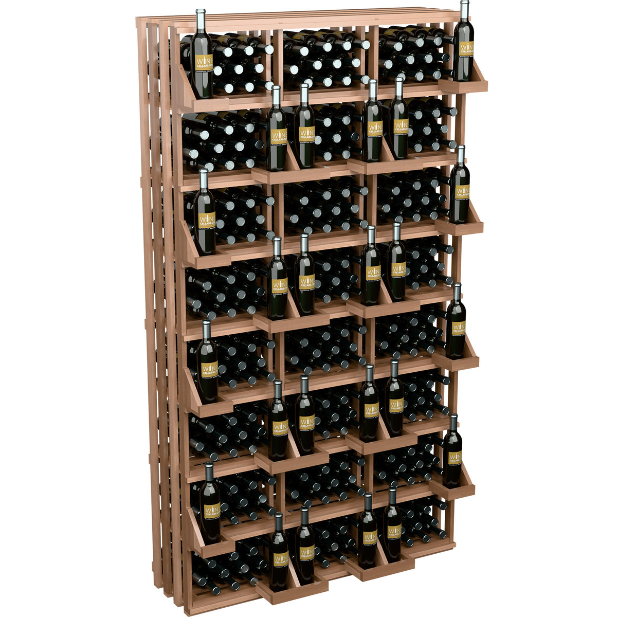 Wine bottle wall display with bulk bins, light wood frame and filled bottle slots
