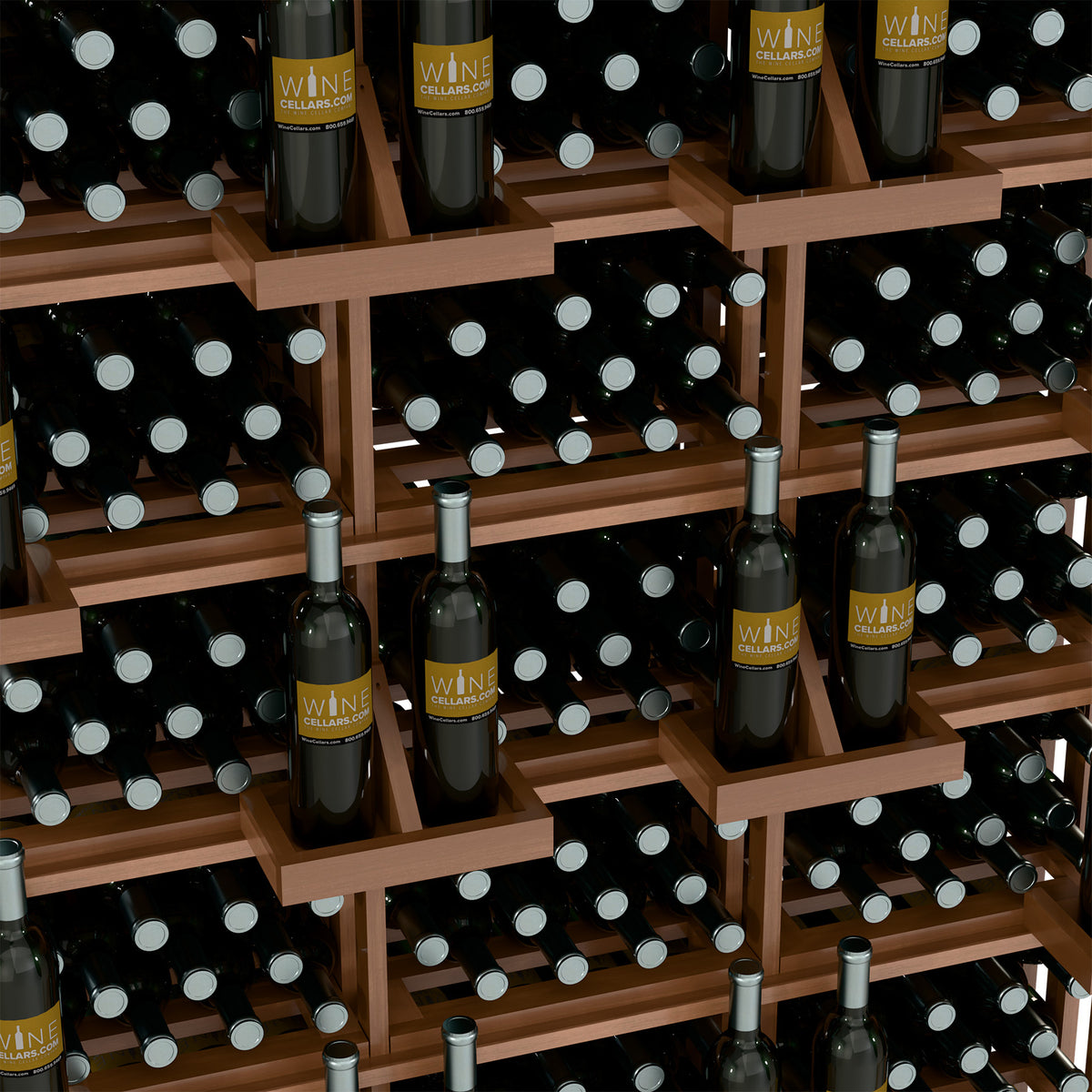 Wine bottle wall display with bulk bins, close-up of bottles in light wood shelves