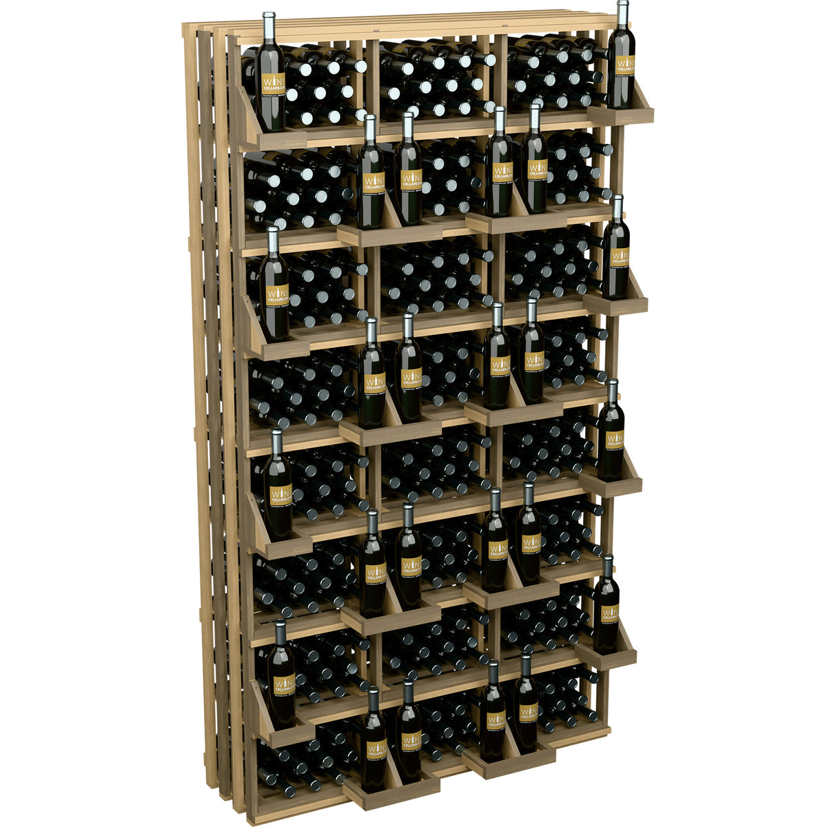 Wood wine bottle wall display rack with multiple open shelves holding black bottles