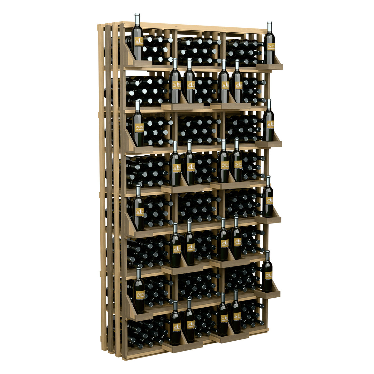 Wood wine bottle wall display with open shelves holding 312 bottles