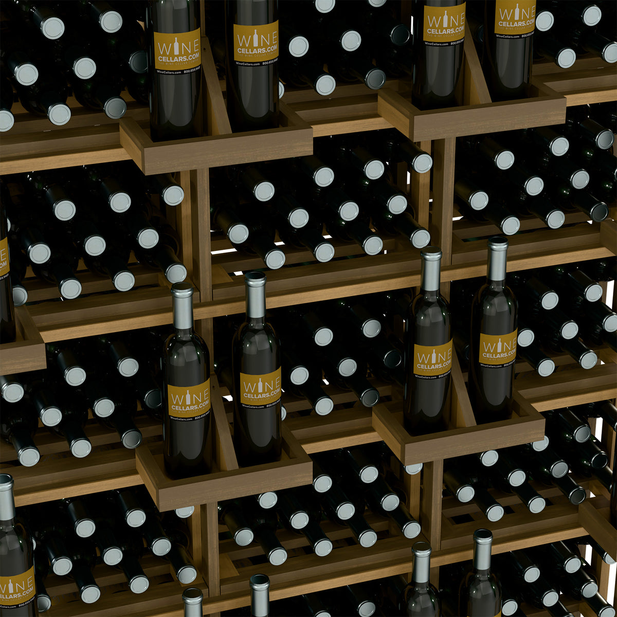 Close-up of wooden wine bottle rack shelves with black wine bottles and caps