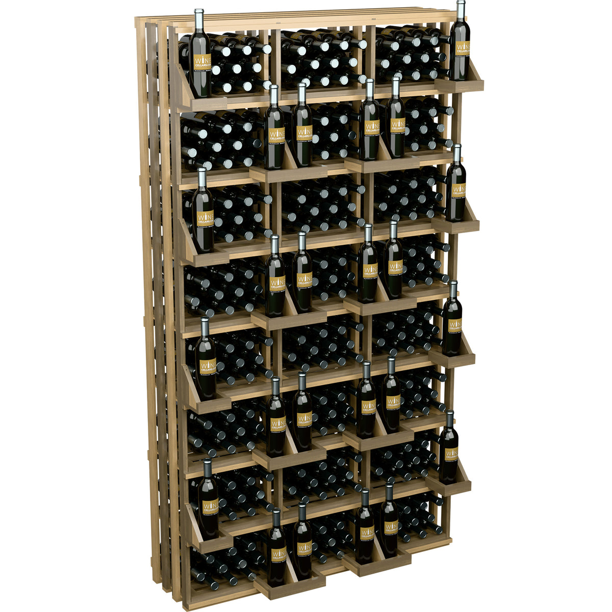 Wine bottle wall display with bulk bins, light wood frame and filled bottle slots