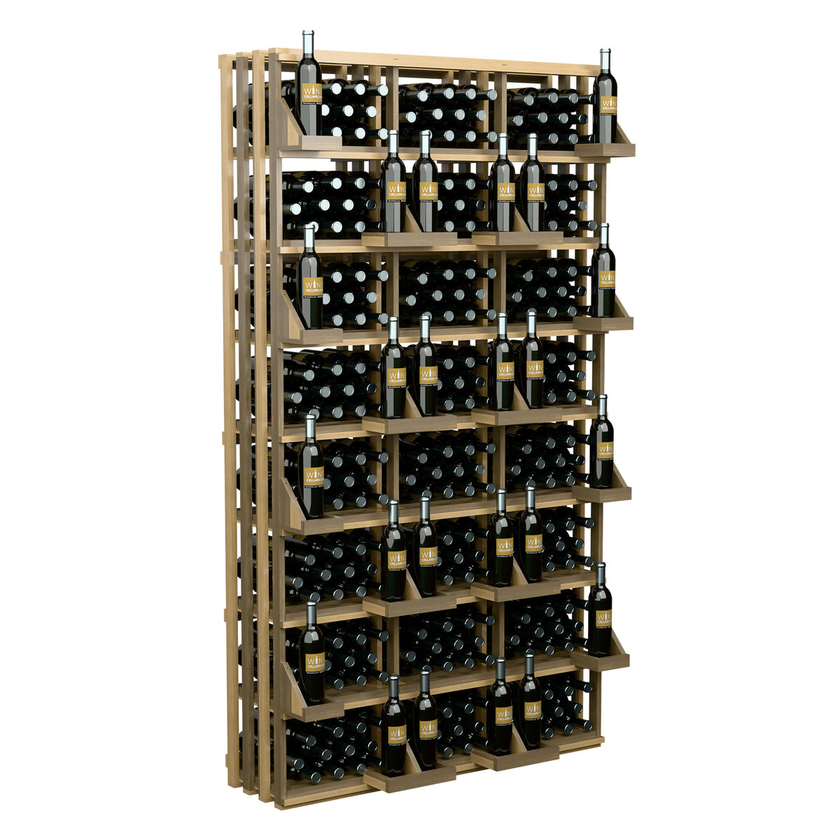 Wood wine bottle wall display with open grid shelves and bottles in front rows