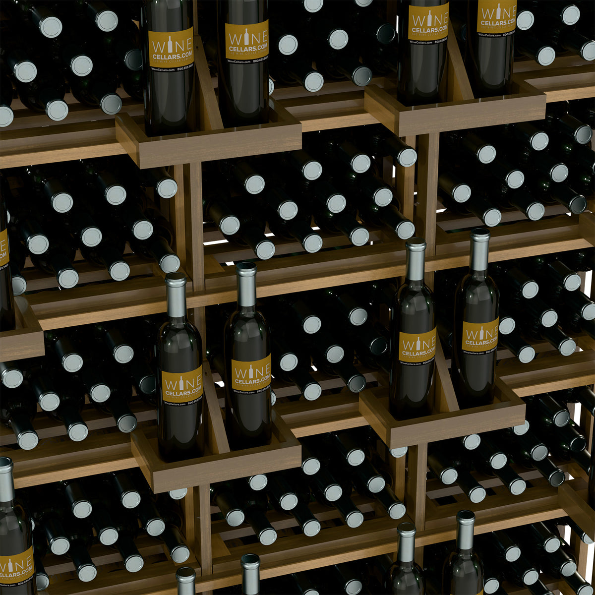Wood wine bottle display with rows of black bottles in circular storage openings
