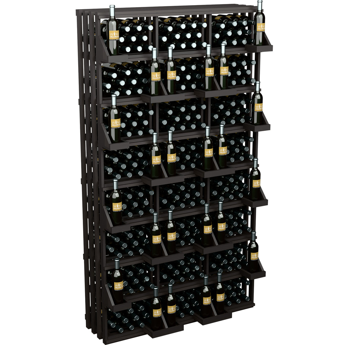 Black wine bottle wall display with open shelves holding 312 bottles