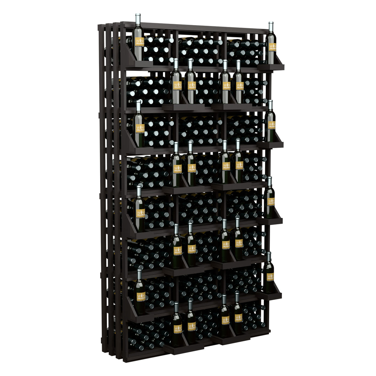 Black modular wine bottle wall display rack with tiered shelves and bottle slots