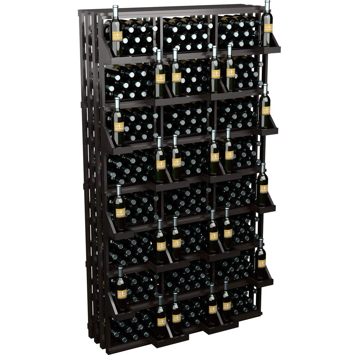 Black wine bottle wall display rack with multiple shelves holding bottles