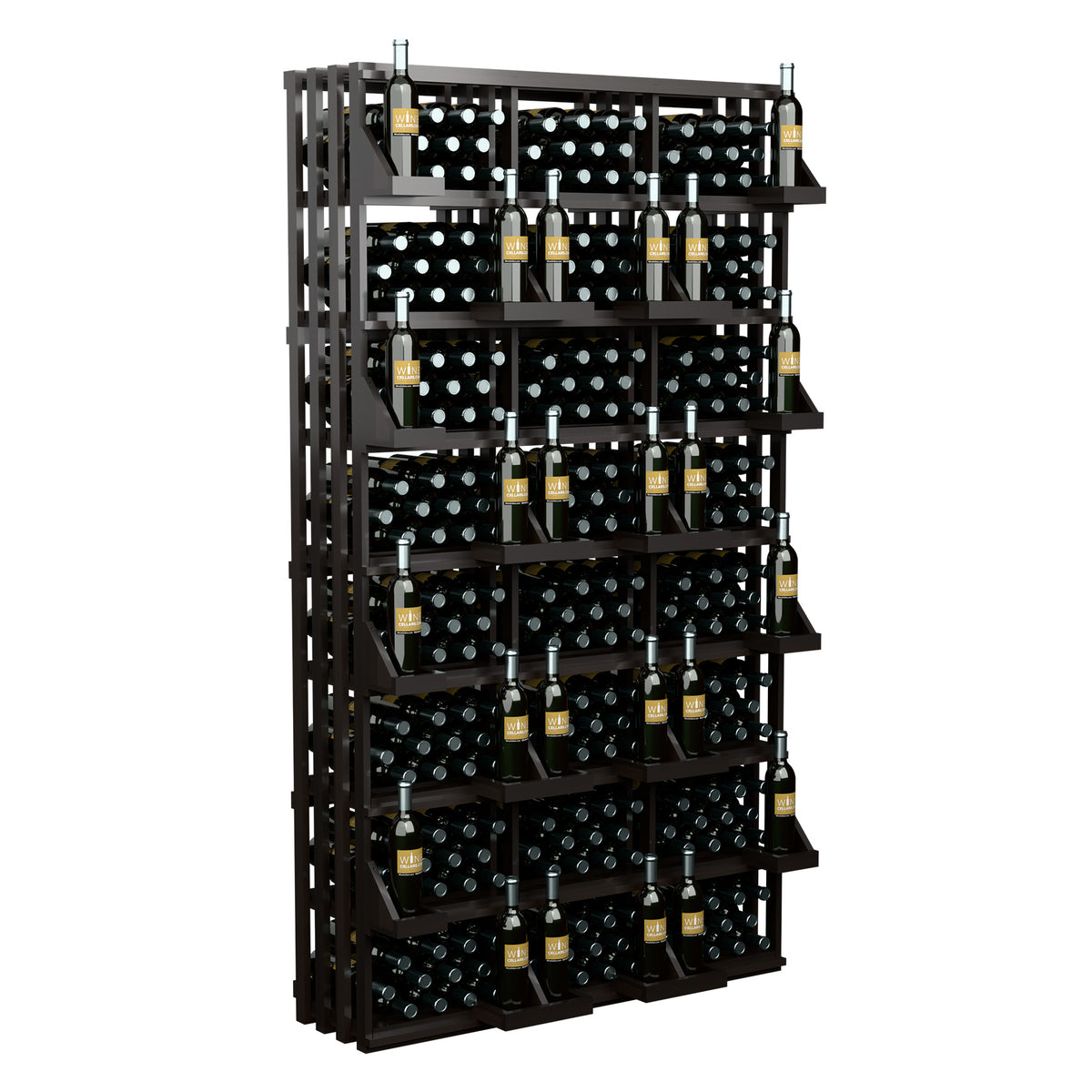 Black wine bottle wall display with stacked shelves and bottles on front-facing bins