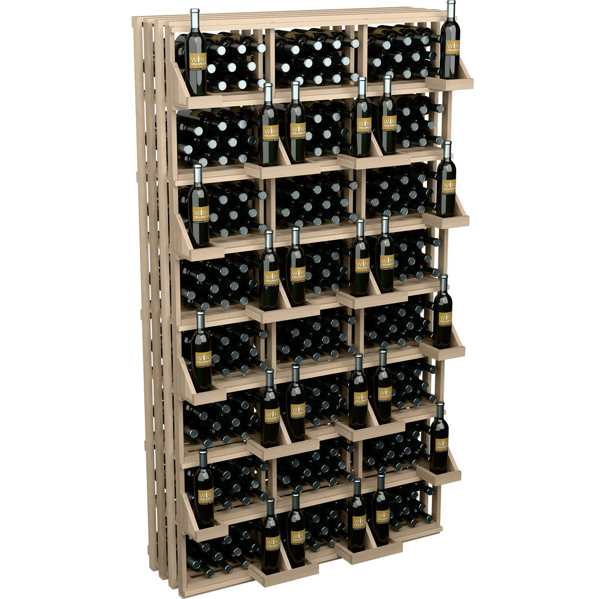 Wooden wall bottle rack with multi-tier shelves filled with wine bottles