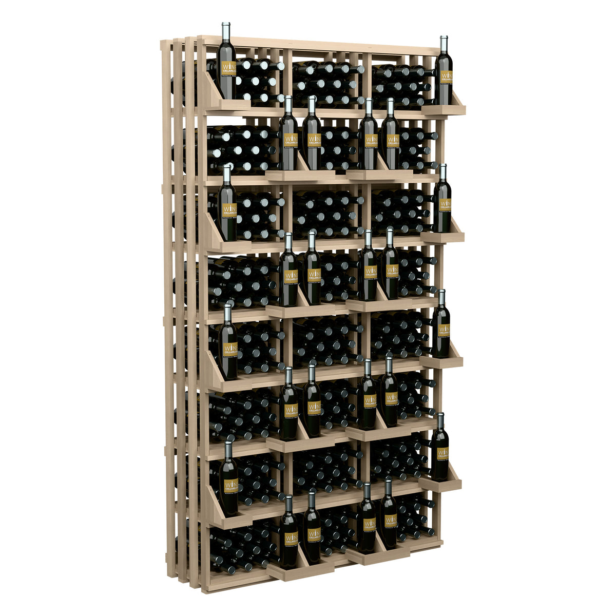 Wood wine bottle wall display with open shelves holding 312 bottles