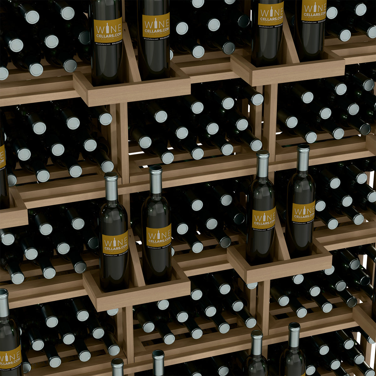 Close-up of wooden wine bottle rack with black bottles in circular holders
