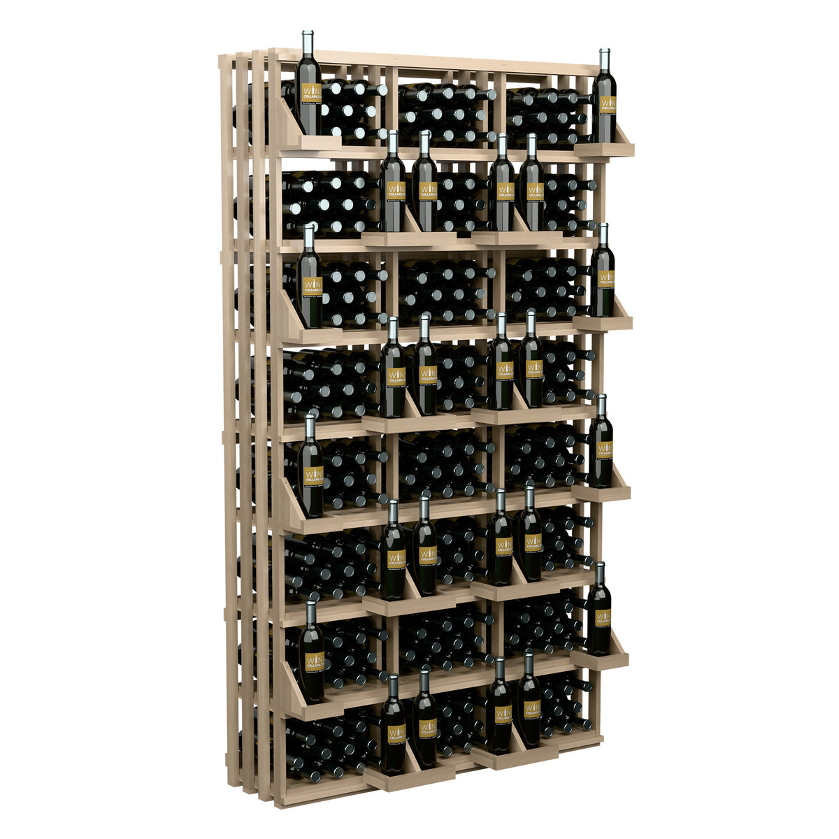 Light wood wine bottle wall display rack with front rows of bottles in bins