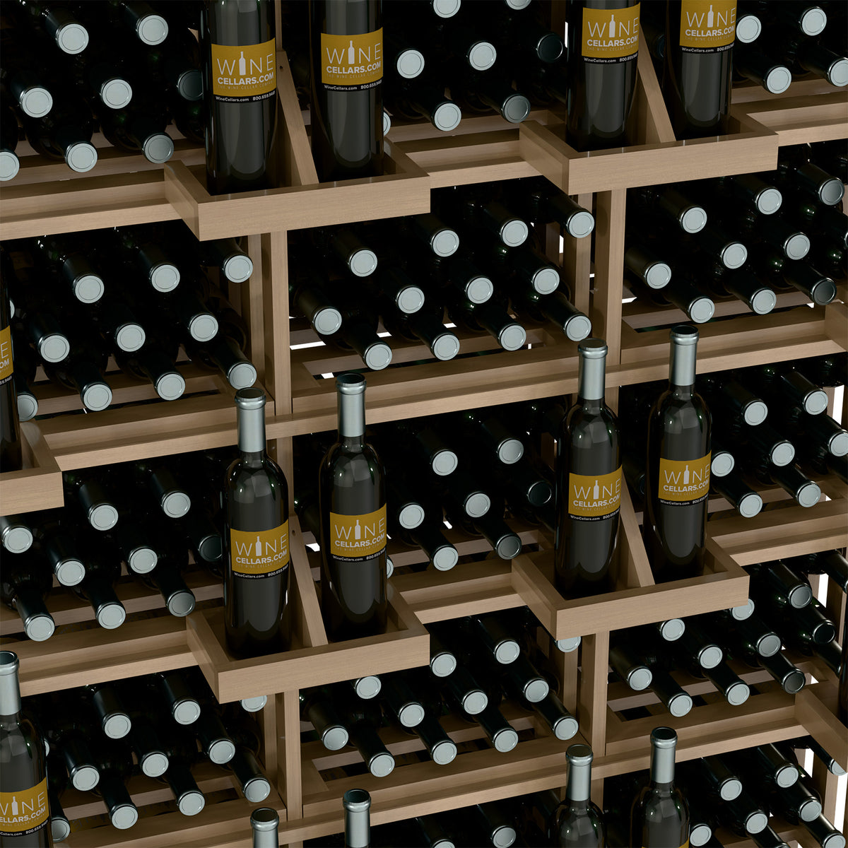 Close-up of light wood wine bottle display with black bottles in round openings