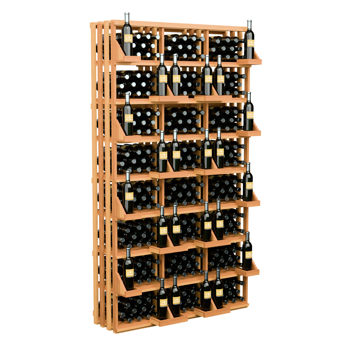 Light brown wood wine bottle wall display with open shelves holding 312 bottles