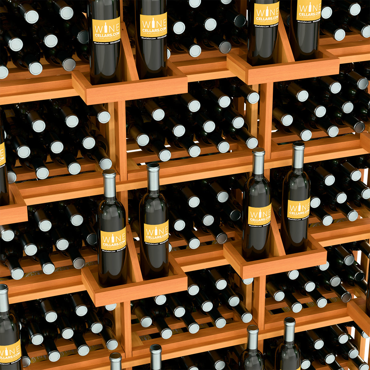 Grey-toned wine bottle rack close-up with black bottles in rowed compartments